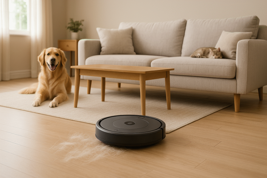 Robot vacuum cleaning pet hair in a modern living room with a dog and cat nearby.