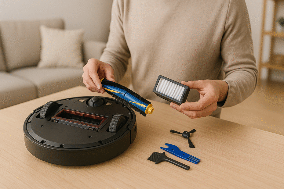 Person cleaning a robot vacuum’s brush and filter with tools laid out on a table.