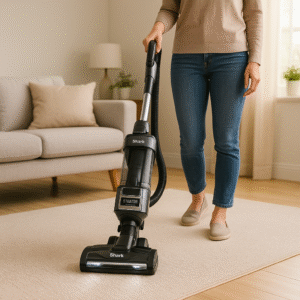 Person vacuuming a carpeted living room with a Shark Stratos upright vacuum.